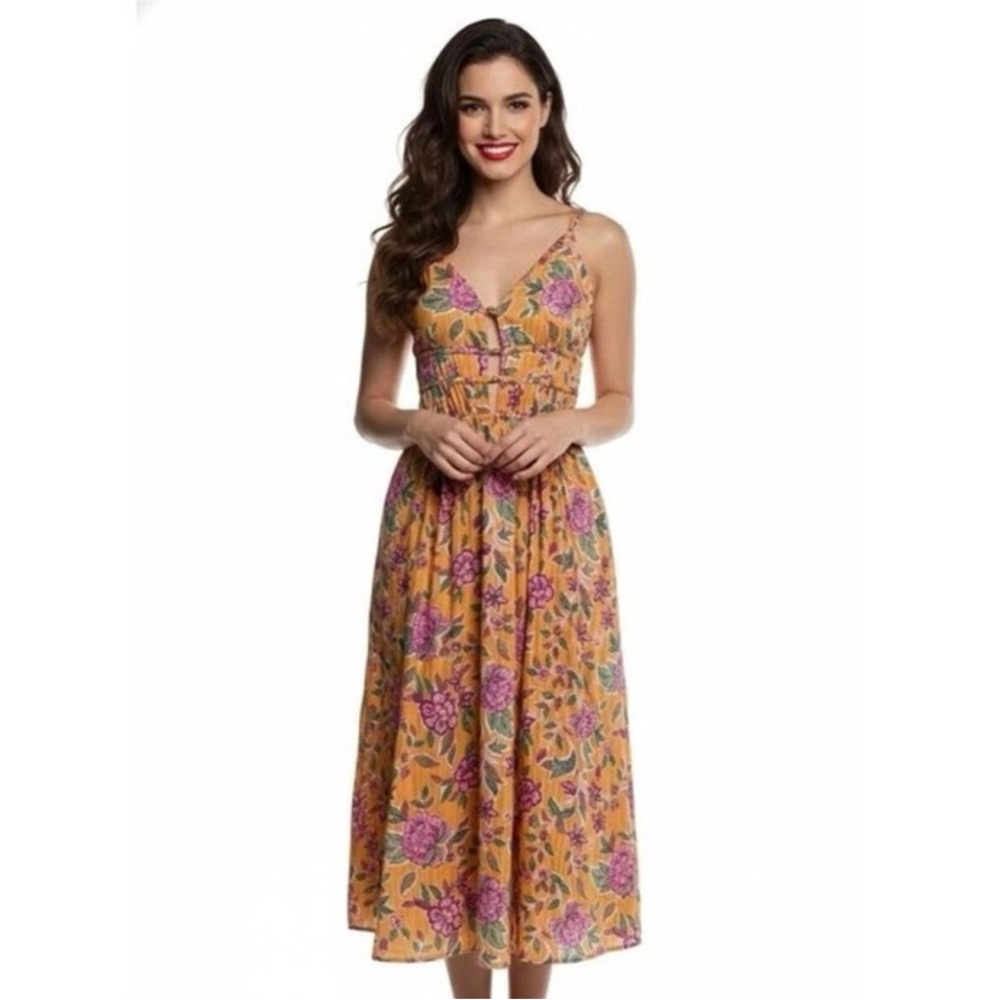 CAROLINE CONSTAS Orange Floral Midi Dress | Medium